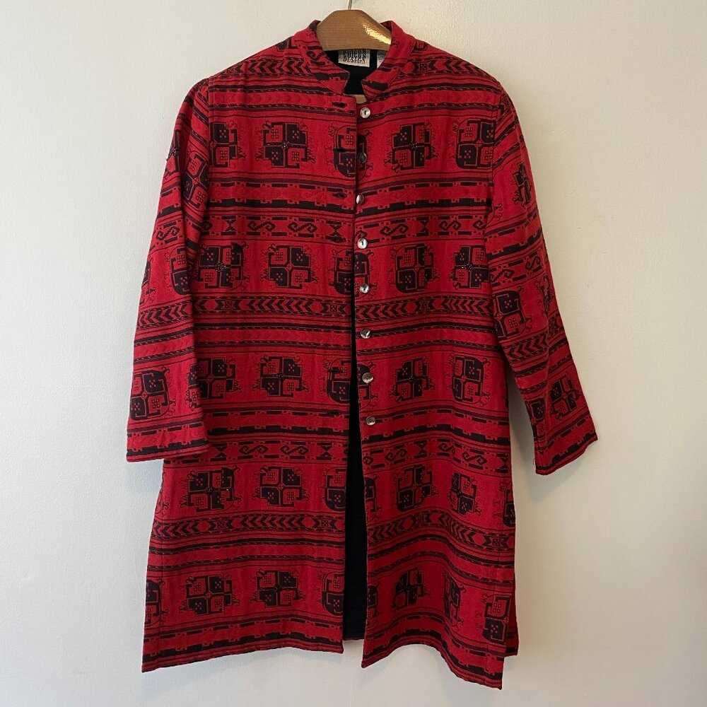 Vintage Chicos Design Red & Black Button Long Jacket Womens Size 1 Medium